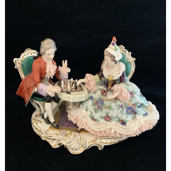 Dresden Volkstedt Porcelain Lace Couple Playing Chess 10" Wide Antique Victorian - Picture 1 of 16